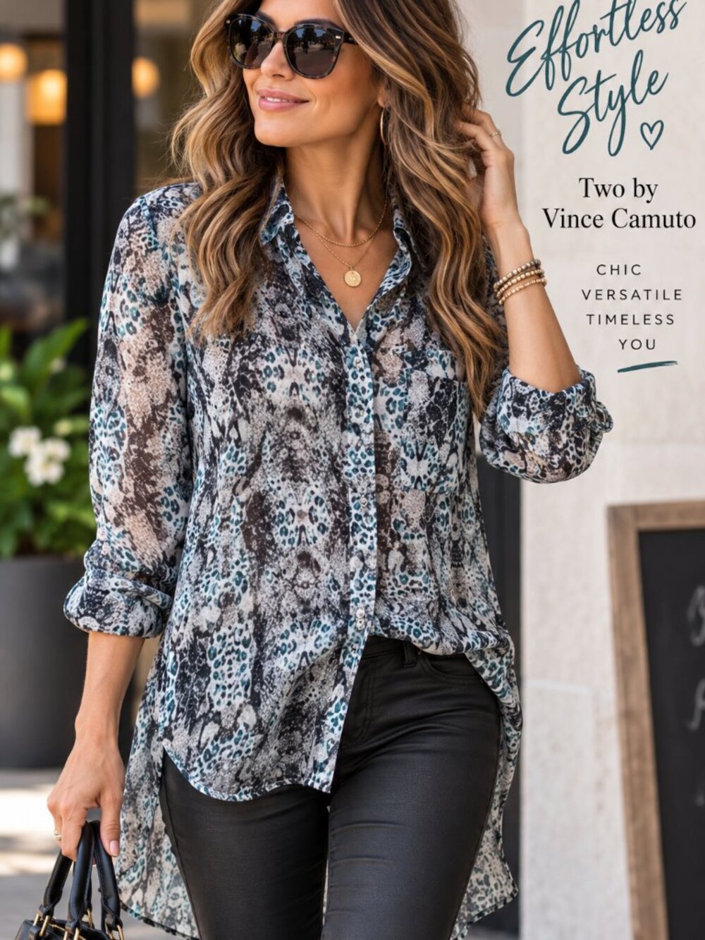 Two by Vince Camuto S Teal Animal Print Sheer Tunic Blouse High Low Button Down